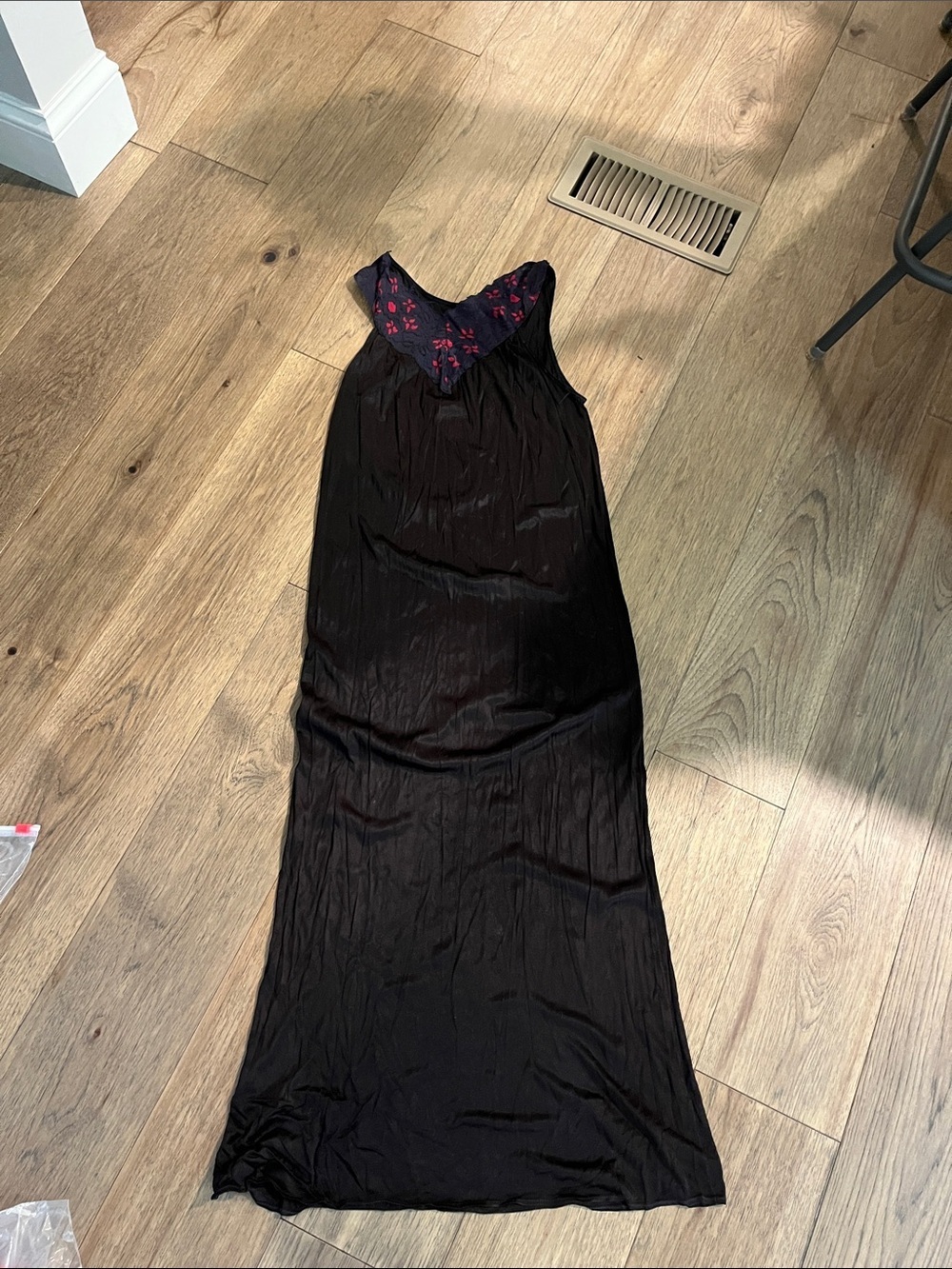 Vintage Black Maxi nightgown with Pink Embroidered Yoke size small